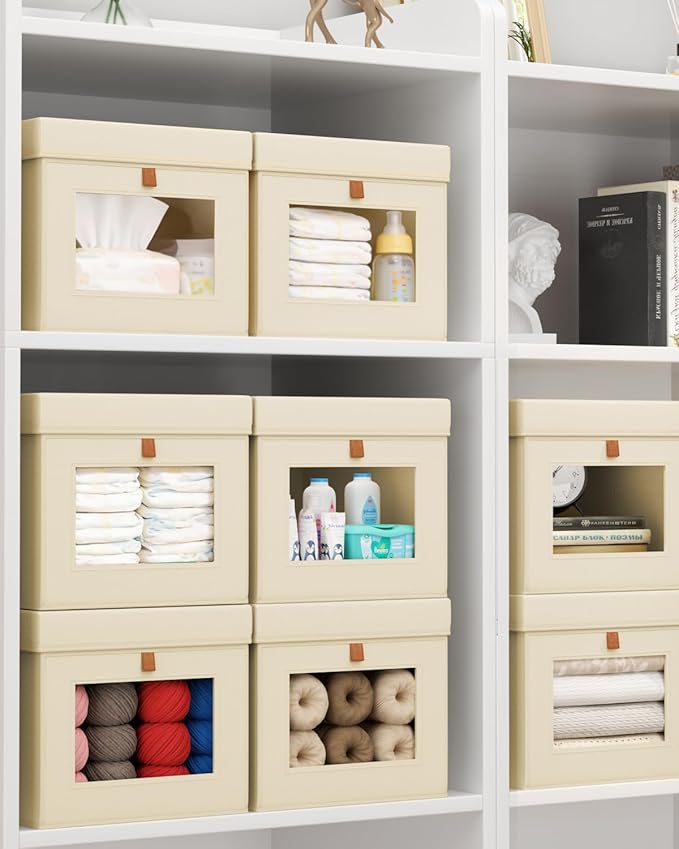 Homsorout Storage Bins with Lid – Closet Organizer with Side Opening and Clear Window, Foldable Stackable Fabric Basket for Clothes, Home, Office - 13.77" x 11.8" x 9.8", 5 Pack, Beige
