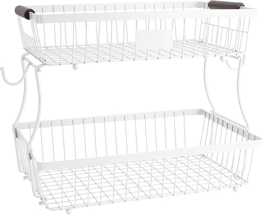 2-Tier Stackable Wire Basket with 2 Banana Hooks, Pantry Organizer for Kitchen Countertops, Cabinets & Under-Sink Spaces; Ideal for Storing Snacks, Fruits, Veggies, Onions, Potatoes, & More，White