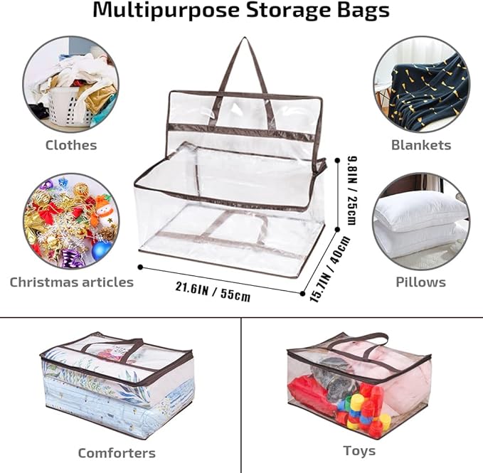 Clear Zippered Storage Bags (3-Pack) 55 L,Closet Organizer Vinyl Bag for Bedding, Linen, Blankets, Duvet Covers, Comforters, Clothes, Toys | Multi Purpose & Space Saver PVC Organizers, Brown
