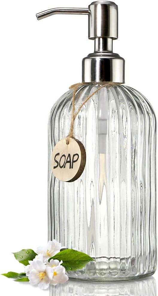 JASAI 18 Oz Clear Glass Soap Dispenser with Rust Proof Stainless Steel Pump, Refillable Liquid Hand soap Dispenser for Bathroom, Premium Kitchen Soap Dispenser (Clear).