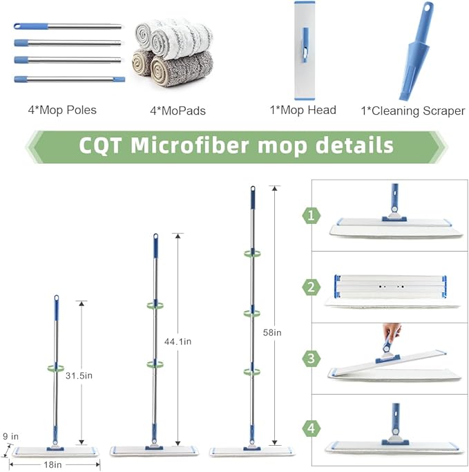 CQT Commercial Flat Microfiber Floor Mop Cleaning System 18" Inch Wet Dry and Dust Hardwood with 4 Washable Pads Cleaner for Laminate Tile Stainless Steel Handle and Extension (PT13-Blue)