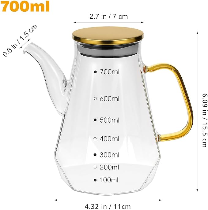 Cabilock 2pc Glass Oil Dispenser Pot with Measurements for Kitchen, 24oz Oil Bottles Cooking Dispenser with Drip Free Spout And Stable Bottom Fits in Home,kitchen,barbecue,party (700ml)