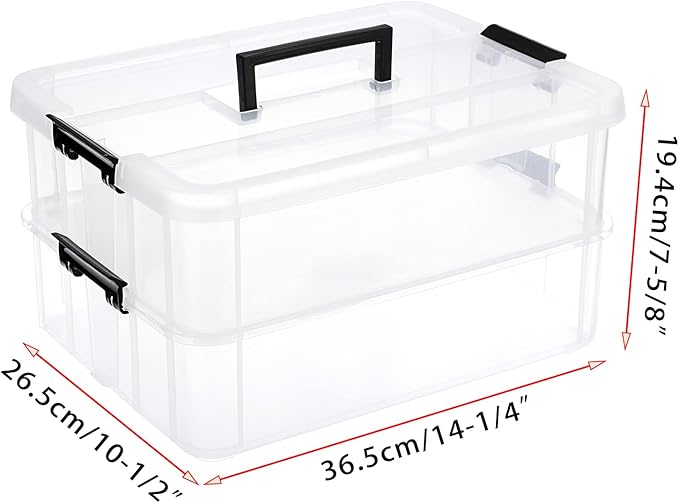 JUXYES 2-Tiers Stack Carry Storage Box With Handle, Transparent Stackable Storage Bin With Handle Lid Latching Storage Container for School & Office
