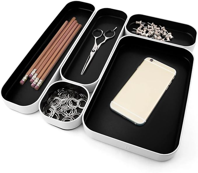 Three by Three Seattle 5 Piece Metal Organizer Tray Set for Storing Makeup, Stationery, Utensils, and More in Office Desk