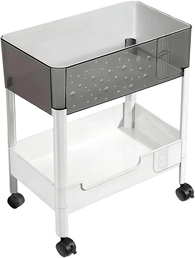 2 Tier Rolling Cart with Wheels for Under Desk Storage, Heavy Duty Plastic Short Small Utility Cart for Small Space Bathroom Vanity Makeup Organizer Pantry, 4.7'' Deep Baskets for Tall Bottles