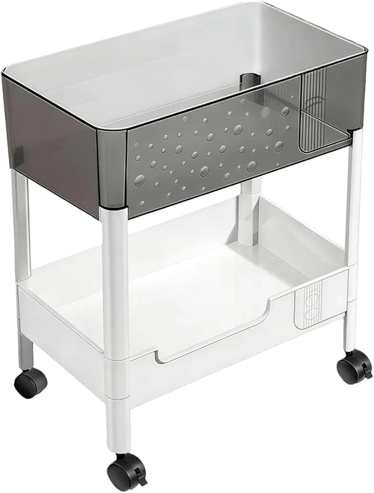 2 Tier Rolling Cart with Wheels for Under Desk Storage, Heavy Duty Plastic Short Small Utility Cart for Small Space Bathroom Vanity Makeup Organizer Pantry, 4.7'' Deep Baskets for Tall Bottles