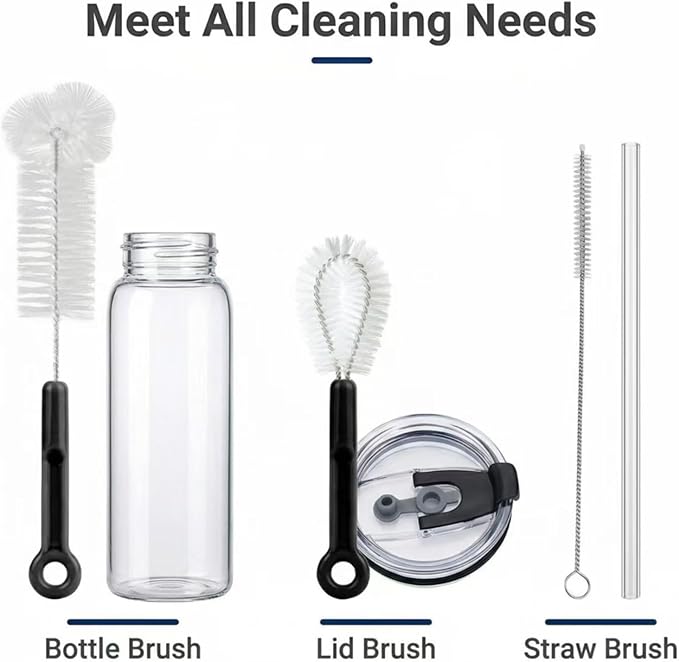 3 Pack Bottle Cleaning Brush Set -12 Inch Long Bottle Brush, Straw Cleaner, and Lid Brush, Suitable for Baby Bottles, Travel Mugs, Decanters, Narrow Neck Containers