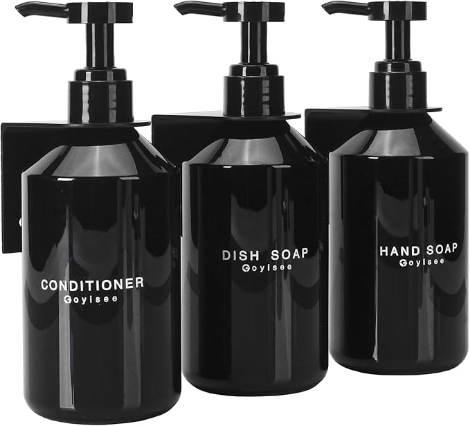 3-Chamber Shampoo & Conditioner Dispenser - Wall-Mounted Soap Dispenser Plastic Bottles with 4CC Pumps, No Drill Installation, Refillable for Bathroom, RV, Commercial Use Black