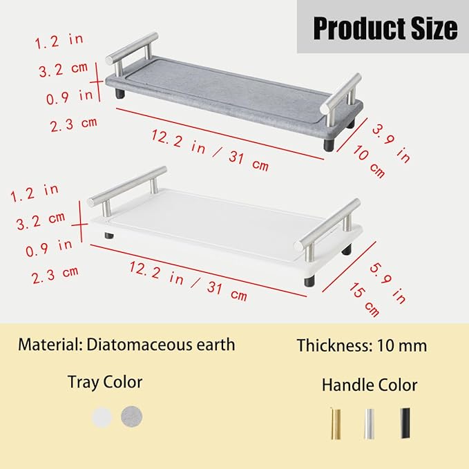 Instant Dry Sink Caddy Organizer,Diatomaceous Earth Bathroom Organizer with Handle Water Absorbing Stone Tray for Sink Water Absorbent Diatomite Coasters (S White Silver Handle)