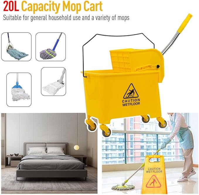 Commercial Mop Bucket with Wheels 20L Gallon, Side Press Wringer Combo Mop Bucket, Combo Cart Set for Restaurant Home Floor Cleaning Use