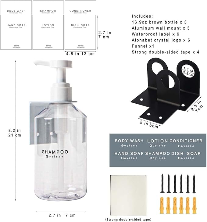 3-Chamber Shampoo & Conditioner Dispenser - Wall-Mounted Soap Dispenser Plastic Bottles with 4CC Pumps, No Drill Installation, Refillable for Bathroom, RV, Commercial Use Clear