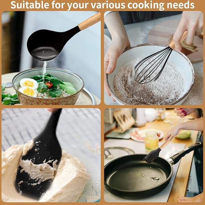 Silicone Cooking Utensils Set, 12Pcs Large Heat Resistant Kitchen Utensils, Turner Tongs, Spatula, Spoon, Wooden Handle Kitchen Gadgets with Holder for Nonstick Cookware, Dishwasher Safe (Black)