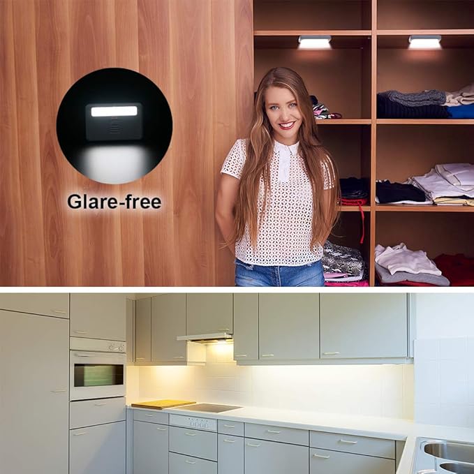 4 Pack Cordless Cabinet Lights, Door Open Activated Sensor Automatic Turn On Off Led Cupboard Drawer Closet Light Battery Operated Stick On Up Puck Lights Indoor for Kitchen Cabinets Pantry Gun Safe