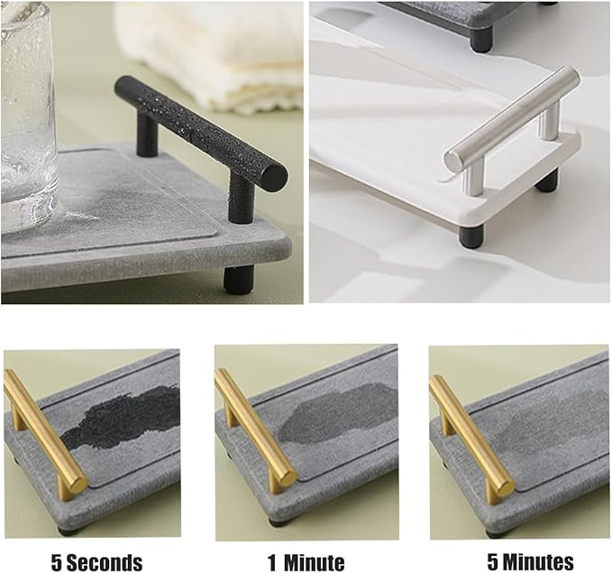 Instant Dry Sink Caddy Organizer,Diatomaceous Earth Bathroom Organizer with Handle Water Absorbing Stone Tray for Sink Water Absorbent Diatomite Coasters (S Gray Silver Handle)
