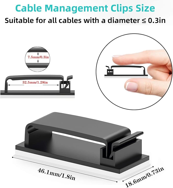 for Desk Under Table Wire Management Adhesive Cable Clips 49Pcs(Black).Used for Computer pc,tv,ethernet Wires Cable Management on Large Cable Hooks Organizer Clips (Black, Small：49PCS)