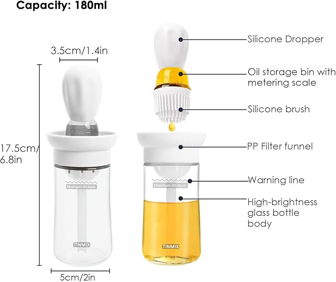Oil Dispenser with Brush - 2 Pack Glass Olive Oil Dispenser, 2 IN 1 180ml Oil Dispensing Bottle with Basting Brush for Cooking Frying Baking Kitchen, T-OB21S, White+Grey
