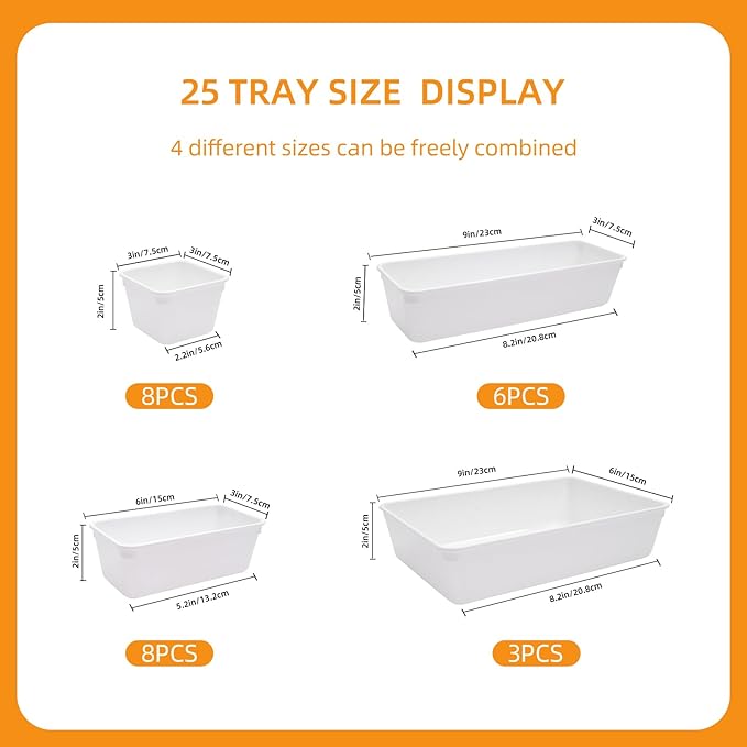 Kitchen Desk Drawer Organizers Storage for Office, Small Acrylic Vanity Trays Makeup for Drawer Bathroom Plastic Make up Organizers 25 Pcs White