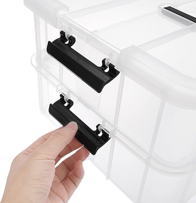 JUXYES 2-Tiers Stack Carry Storage Box With Handle, Transparent Stackable Storage Bin With Handle Lid Latching Storage Container for School & Office
