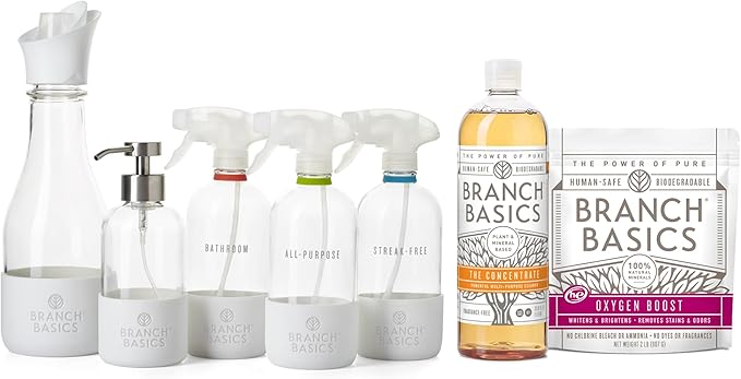Branch Basics Premium Starter Kit in Glass: All Purpose Cleaner, Glass Cleaner, Bathroom Cleaner, Wash Bottle, and Laundry Bottle