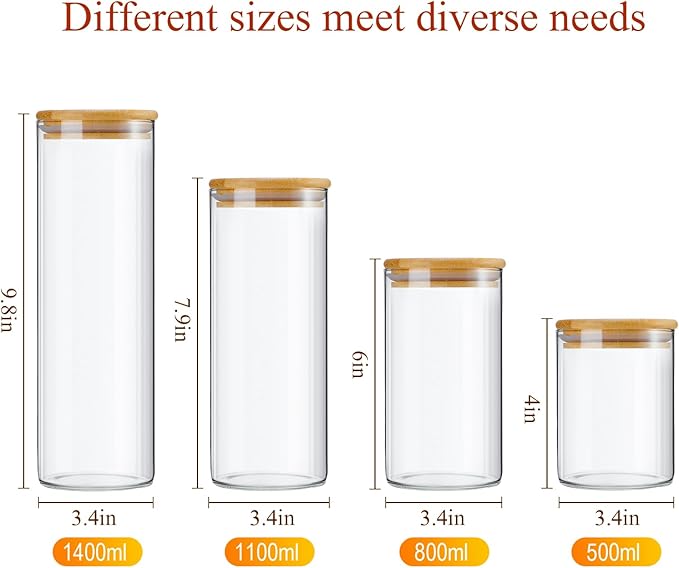 Qinyoung Glass Storage Jars with Wooden Lids, 4 Sizes Food Storage Containers Clear Stackable Canisters Airtight Glass Jars for Candy Cookie (Clear