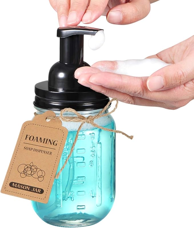 SheeChung Mason Jar Foaming Soap Dispenser-Rustproof Stainless Steel Lid & Foaming Soap Pump, Refill Foam Hand Soap Dispenser Glass for Bathroom Kitchen Vanities, Countertops-Black (2 pk)