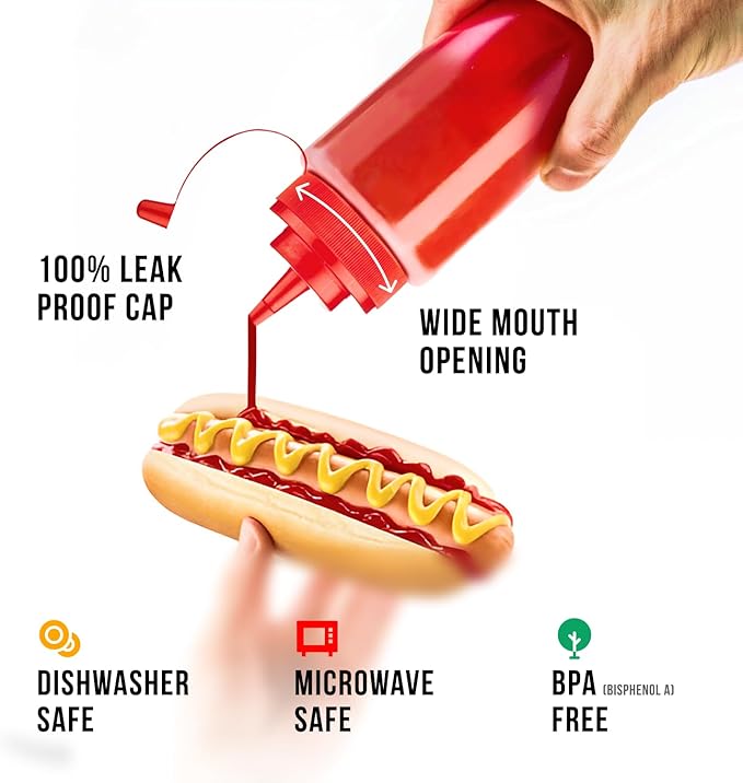 Norcalway 24 oz Large Condiment Squeeze Bottles for Sauces - Leak Proof - 4 Pack (XL)