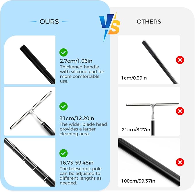 16.7“- 59.5" Long Handle Window Squeegee with Extension Pole, 12.4" Wide Metal Shower Squeegee for Glass Doors