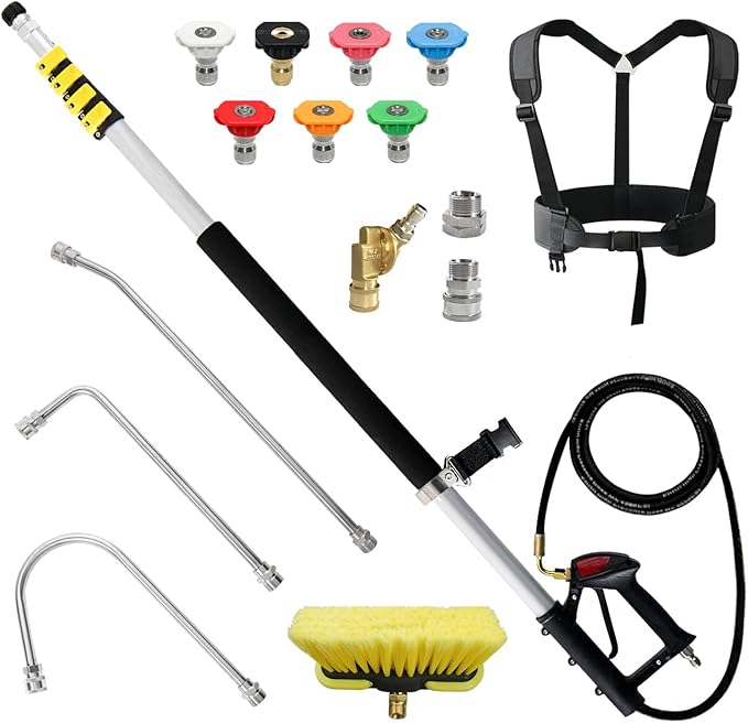 janz 24 FT, Aluminum Telescoping Pressure Washer Wand with 2 Pressure Washer Extension Wands,Gutter Cleaner Attachment, 7 Spray Nozzle Tips