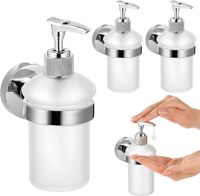 3 Pack Hand Soap Dispenser Wall Mount Bathroom Glass Soap Dispenser Pump Bottle with Stainless Steel Pump for Kitchen Bathroom Countertop