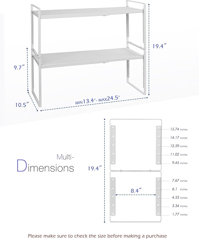 Nxconsu 2Pack Cabinet Shelf Organizer Expandable 5 Heights Adjustable Stackable Rack Riser for Kitchen Pantry Cupboard Under Sink Organization Storage Space Saver Heavy Duty Metal White Large