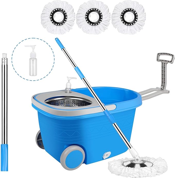 Mop Bucket with Wringer Set On Wheels,360 Spin Mop and Bucket Set,with 61" Stainless Steel Telescopic Handle and 3 Replacement Head(25QT,Blue)