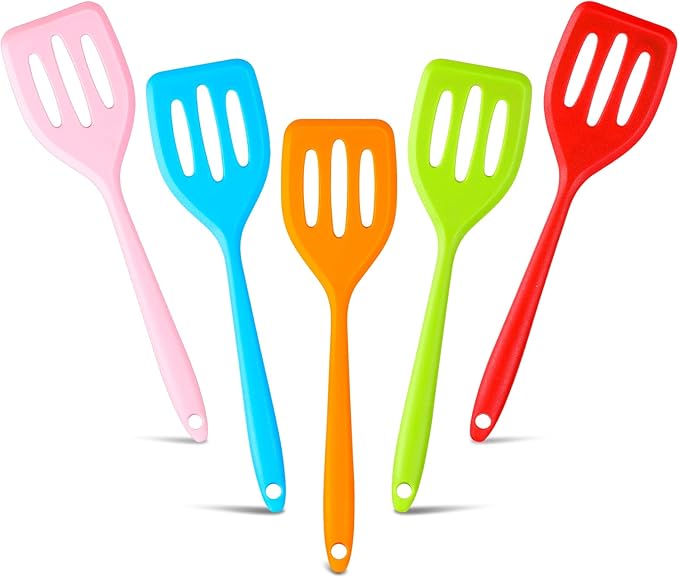 5 Pack Small Silicone Spatula Mini Rubber Turner High Heat Resistant Slotted Egg Fish Spatula Flipper Small Pancake Turner Mini Serving Cooking Kitchen Utensils (Red Blue Green Orange Pink)
