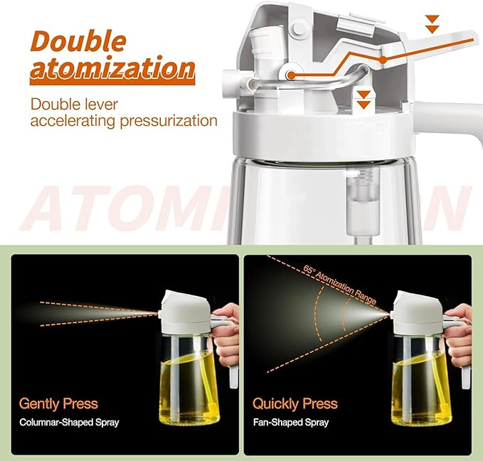 Oil Sprayer for Cooking 2 in 1, 470ml/16oz, Oil Spray & Dispenser Glass Bottle, Food-grade material for Kitchen, Salad Dressing, Frying, Air Fryer & BBQ (Green&CreamyWht)