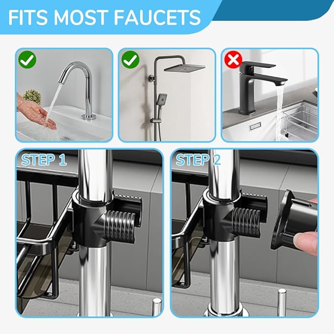 Eadwe Sink Organizer Rack for Kitchen and Bathroom, 2024 New Kitchen Sink Faucet Organizer with Drip Tray Faucet Sponge Holder (Grey, Left+Right)