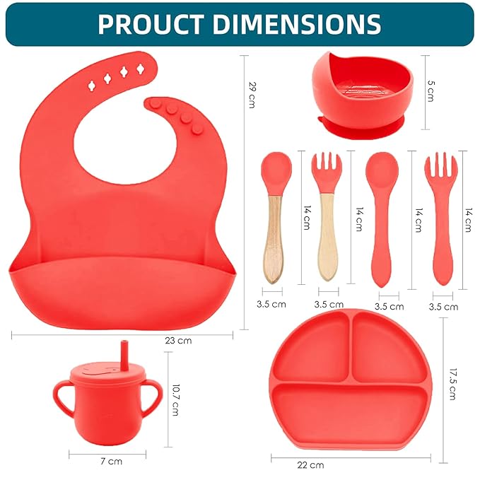 100% Silicone baby feeding set,BPA free Baby dishes set with Suction Bowl Divided Plate,Toddler Self Feeding Dish Set with Spoons Forks Sippy Cup And Bib, Baby Eating Utensils (Scarlet)