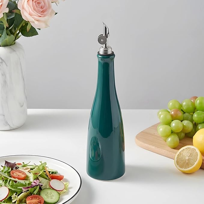 YOLIFE Olive Oil Dispenser Bottle, 20oz Ceramic Oil Dispenser for Kitchen, Oil Bottle with Gravity Spout, Leak Proof EVOO Dispensing Bottle with 2 Spouts and 1 Funnel for Vinegar, Juice(Green)