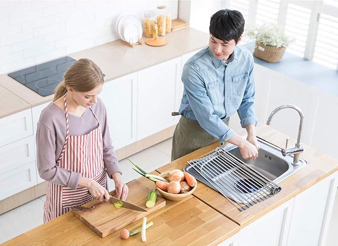 Ahyuan Roll up Dish Drying Rack Over The Sink Kitchen Roll up Sink Drying Rack Stainless Still Portable Drainer Foldable Dish Rack (Warm Gray, 17.8''X13.5'')