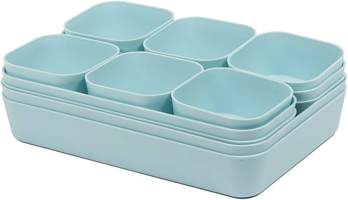 Set Of 12 Blue Color Plastic Desk Drawer Organizers For Makeup Bathroom Office