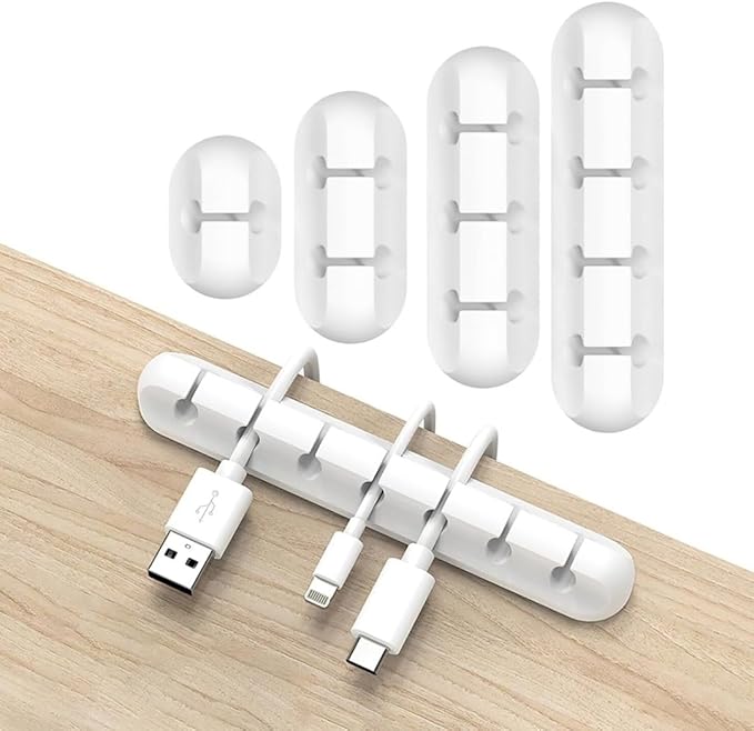 Cord Clip for Cable Management - Pack of 4 Adhesive Cord Clips with 7,5,3 & 1 Slots, Cable Organizer Clips for Computer & Charging Cables, Cord Holders for Nightstand, Clutter Organizer for Office