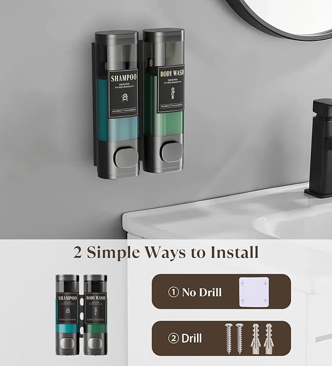 Luxspire Shampoo and Conditioner Dispenser, No Drill Wall Mounted Shower Soap Dispenser 2 Chamber with Waterproof Labels, Easy Refill Soap Dispenser for Bathroom Hotel Kitchen, Gray
