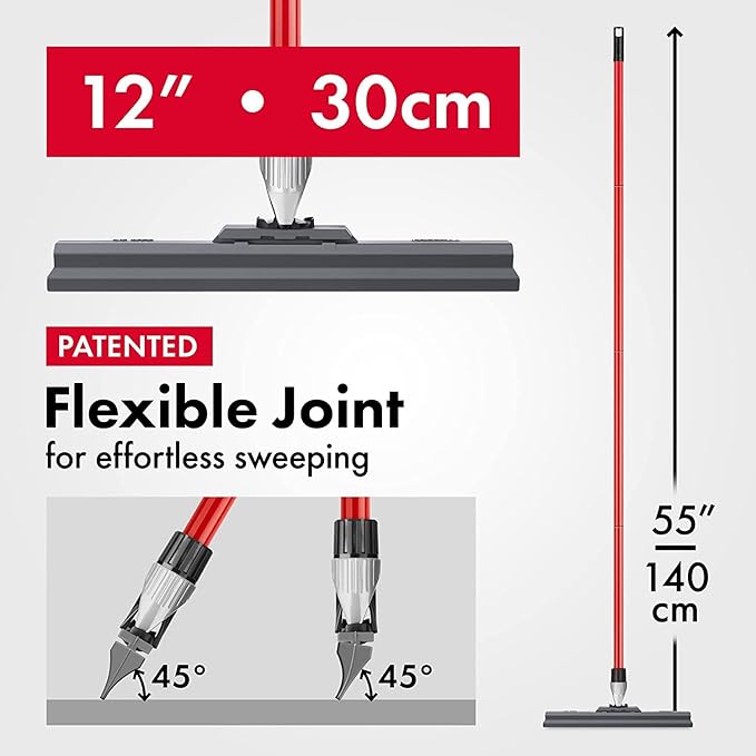 Silicone Floor Squeegee with 55-Inch Long Handle, 12-Inch Single Cast Silicone Blade, 360° Swivel Joint - Multifunction Floor Squeegee for Garage