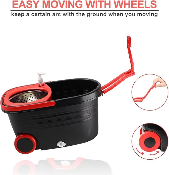 mop and Bucket Set with Wringer - 360° Rotating Mop Bucket Floor Cleaning System on Wheels, 3 Microfiber Mop Refills for Fast Cleaning, Extendable 61"" Stainless Steel Handle, Black&red