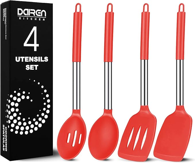 Pack of 4 Large Silicone Cooking Spatulas and Spoons, Slotted and Solid Stainless Steel Cooking Utensils Set, Non-stick Heat Resistant Kitchen for Baking, Fried, Stir-Fry, Mixing, Serving (Red)