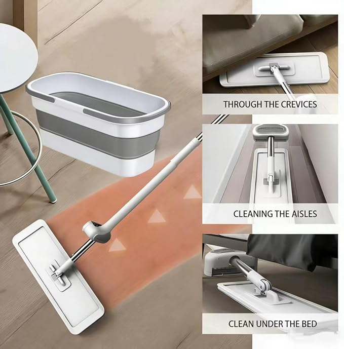 Large Flat Mop and Scalable Bucket with Wheels, 360 Rotating Microfiber Dust Mop with Dewatering Scraper, 54" Adjustable Stainless Steel (1 Mop + 4 Microfiber Pads + 1 Bucket)