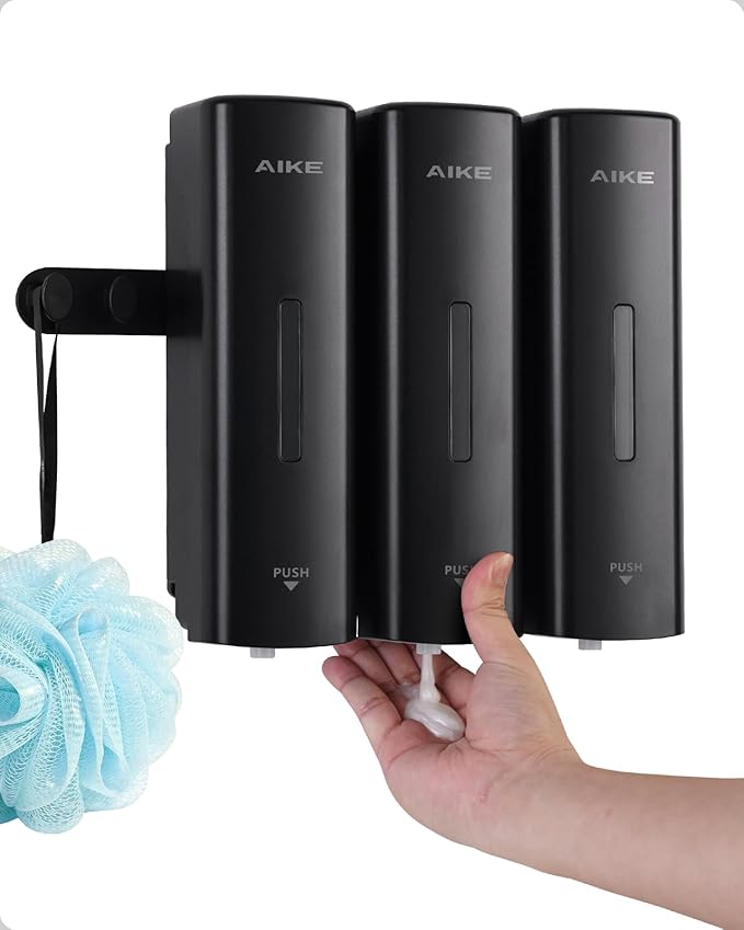 AIKE 3 Chambers Shower Shampoo and Conditioner Dispenser 3 x 11.8 fl.oz. for Bathroom(Black)