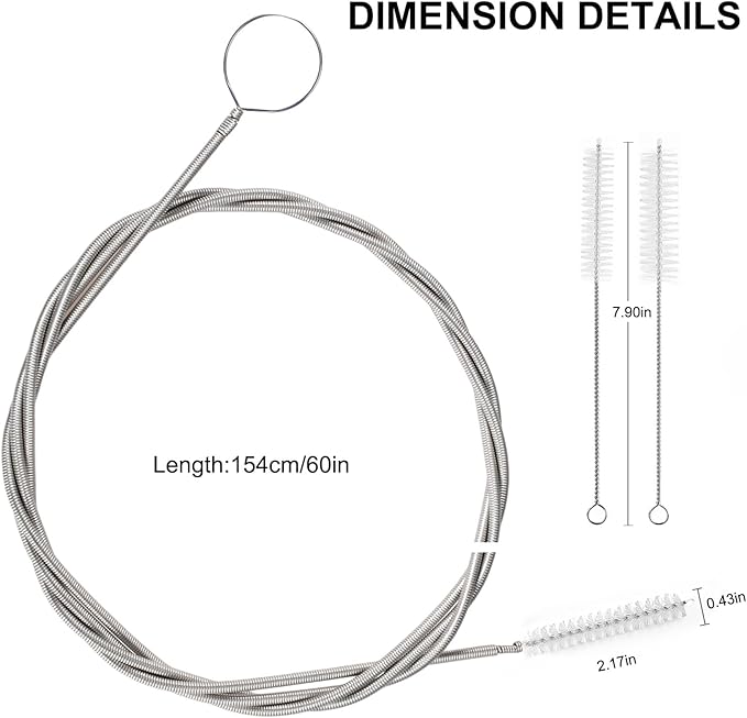 CiaraQ Bottle Cleaning Brushes, 8 Inch Nylon Tube Brush Set & A Flexible Long Drain Brush 60 inch, Cleaner for Narrow Neck Bottles Cups with Hook