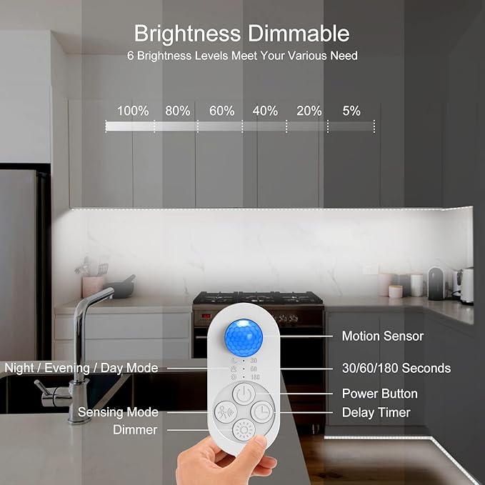 Motion Sensor Under Cabinet Light, Plug-in Under Cabinet Lighting with Dimmer, Delay Timer for Kitchen Cabinet, Pantry, Laundry, Bedroom, Stairway