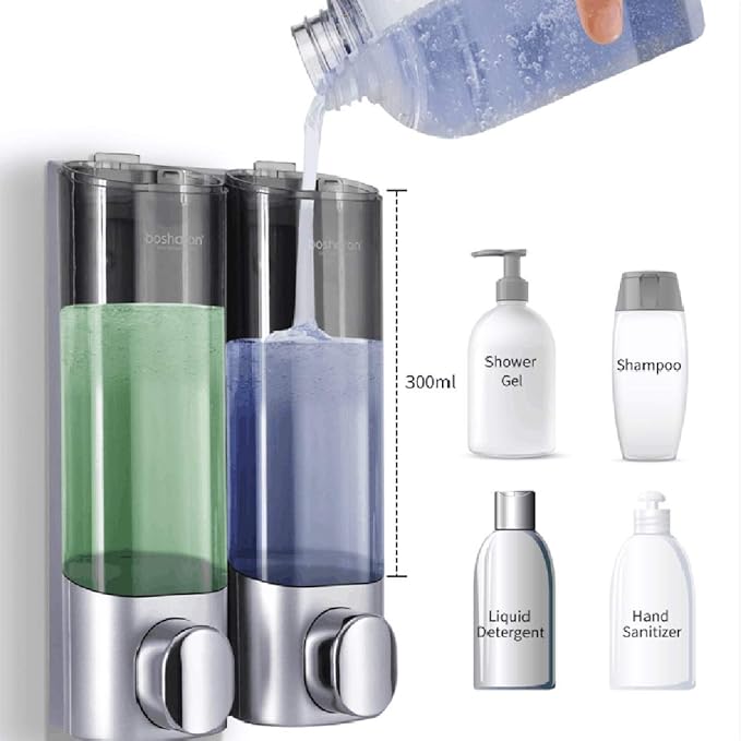 Soap Dispenser Shampoo Shower Dispenser Wall Mount 300mlx2 for Bathroom Hotel (Silver Grey)