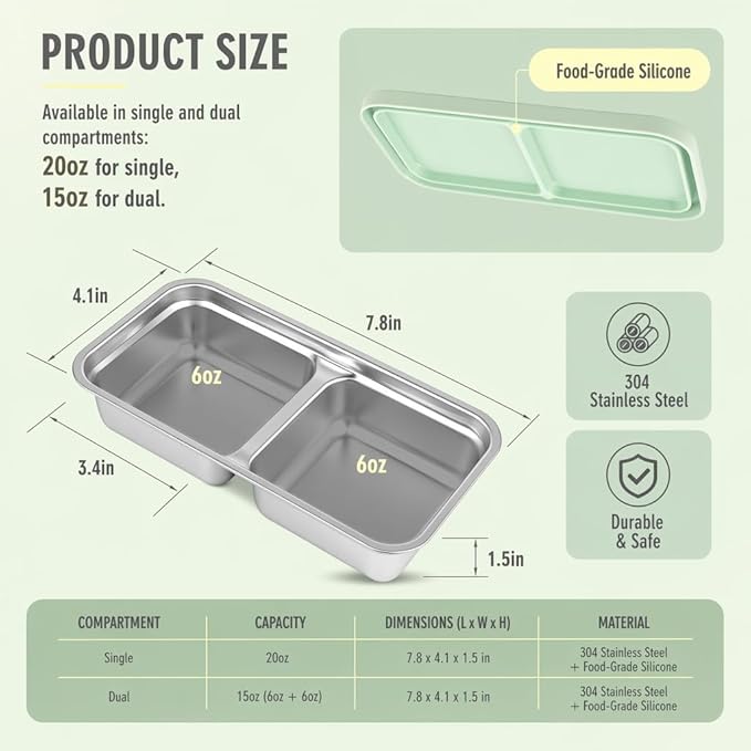 4 Pack Stainless Steel Snack Containers, Leak-Proof 2 Compartment Lunch Boxes with Silicone Lids, Reusable Metal Snack Box for Meal Prep, Travel, Outdoor & Daily Use (1 Compartment – B)