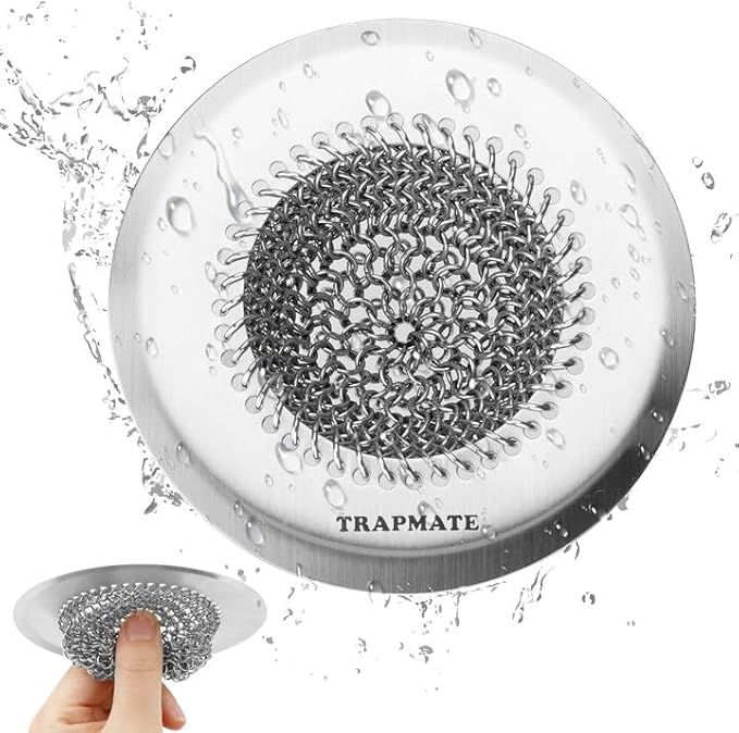 TRAPMATE Kitchen Sink Drain Strainer, Reversible Chain Mesh Sink Strainer, 304 Stainless Steel Anti-Clogging & Easy Clean Sink Strainer Basket